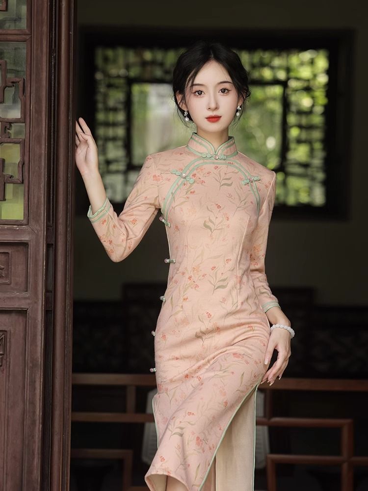 粉色旗袍2023新款年輕款高端氣質淑女風日常可穿秋冬季長袖新中式