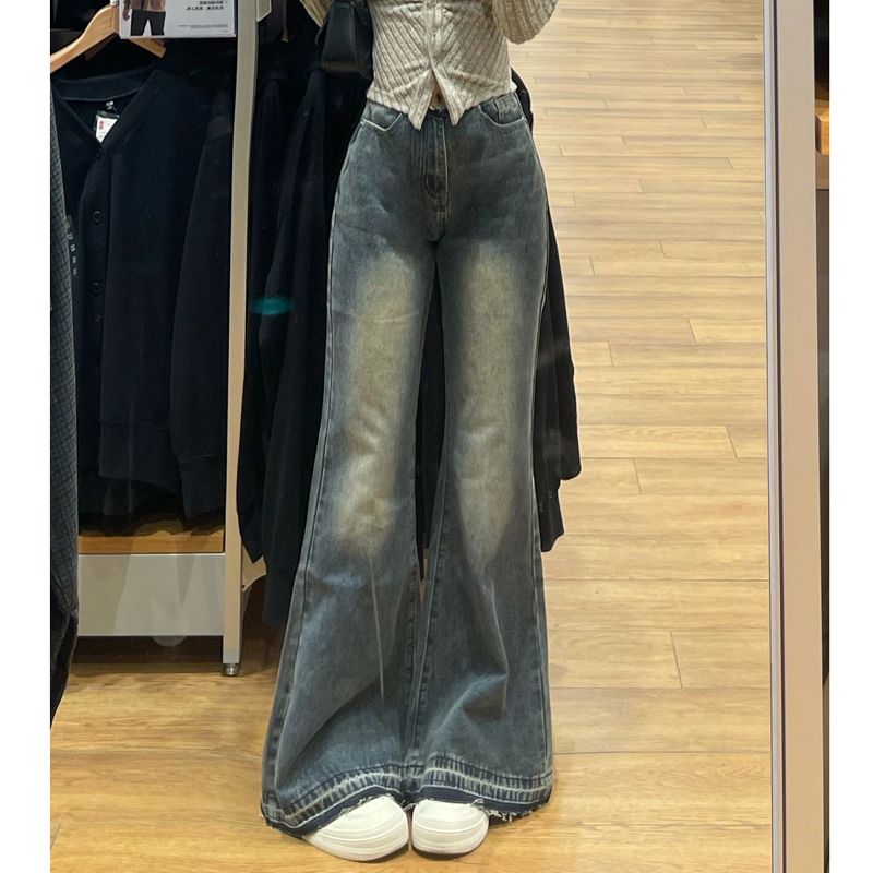 美式復古毛邊牛仔褲女秋季小個子高腰修身直筒微喇叭馬蹄拖地長褲