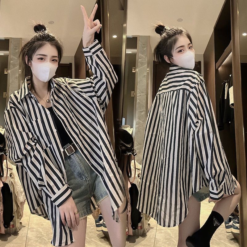 秋季女裝長袖條紋襯衫女外穿內搭寬鬆胖mm大碼顯瘦中長款襯衣上衣