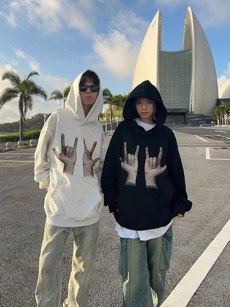 Heavy cotton national fashion American retro love you gesture printed hooded sweatshirt for men and women autumn and winter new couple coat