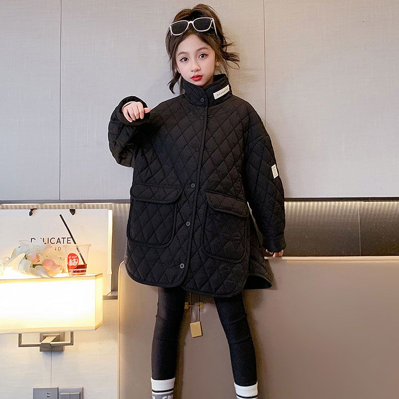 女童秋冬棉服外套新款儿童休闲格子棉衣加厚圆领棉袄韩版外套