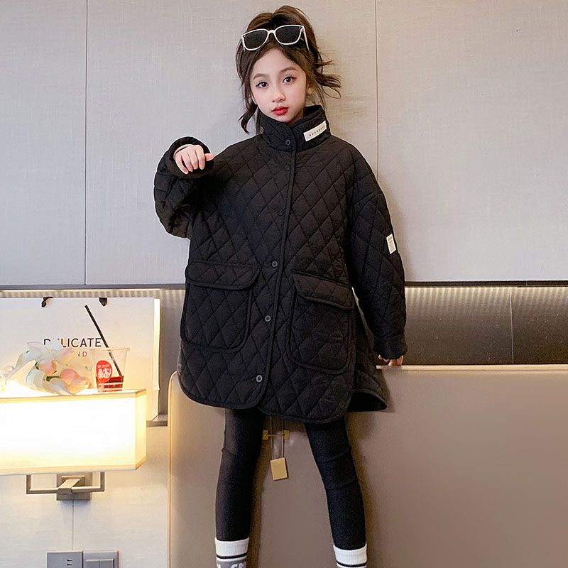 女童秋冬棉服外套2023新款兒童休閒格子棉衣加厚圓領棉襖韓版外套