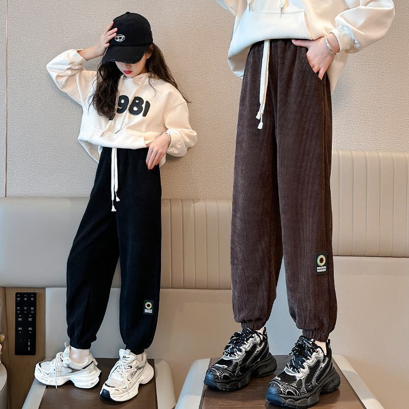 女童褲子春秋2023新款休閒長褲兒童雪尼爾外穿長褲秋季大童束腳褲