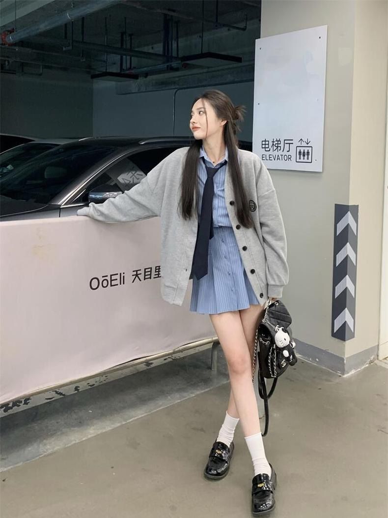 新款小眾學院風套裝棒球服衛衣開衫外套女春秋款襯衫連衣裙兩件套