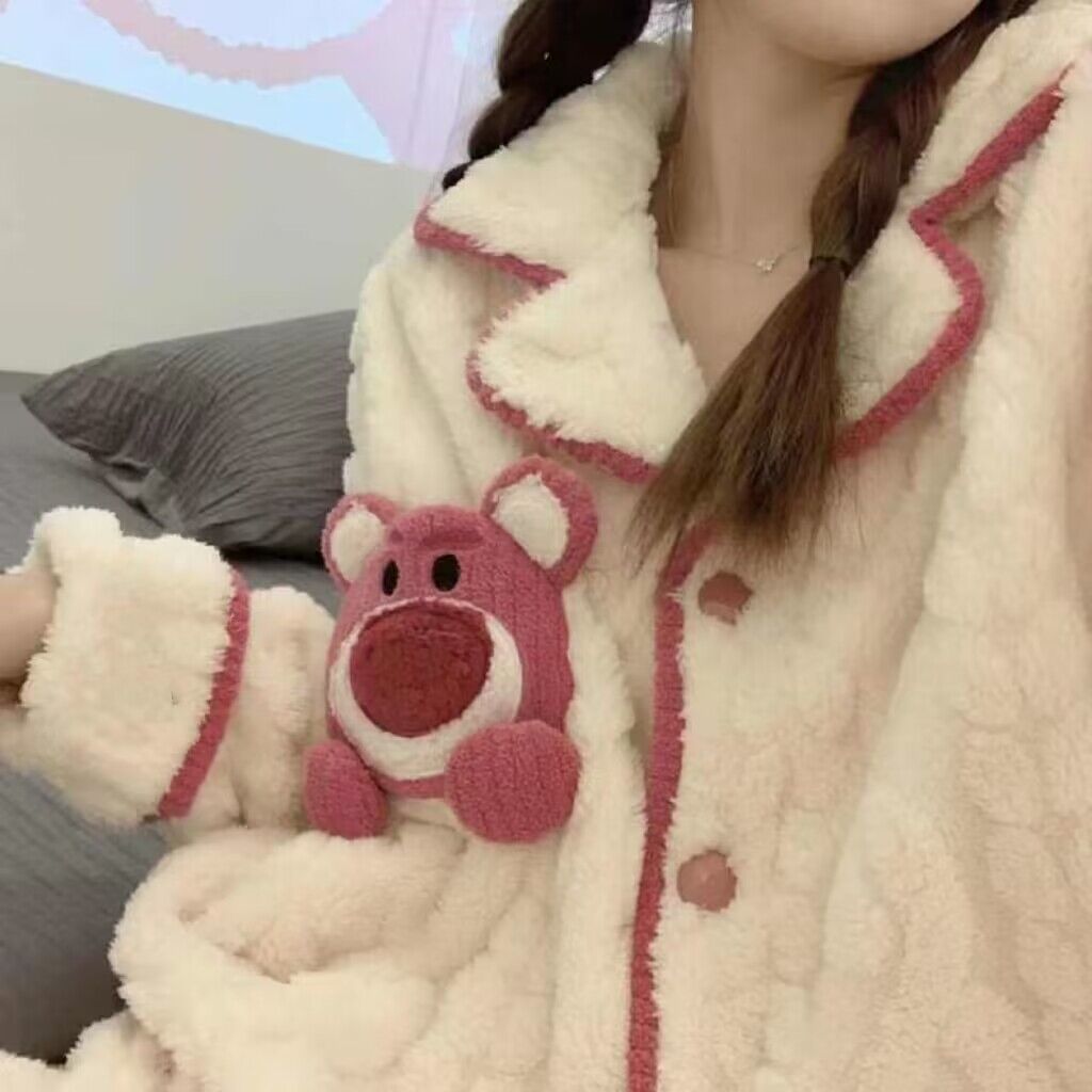 冬季睡衣女秋冬珊瑚絨加厚加絨卡通小熊法蘭絨長袖家居服套裝春秋