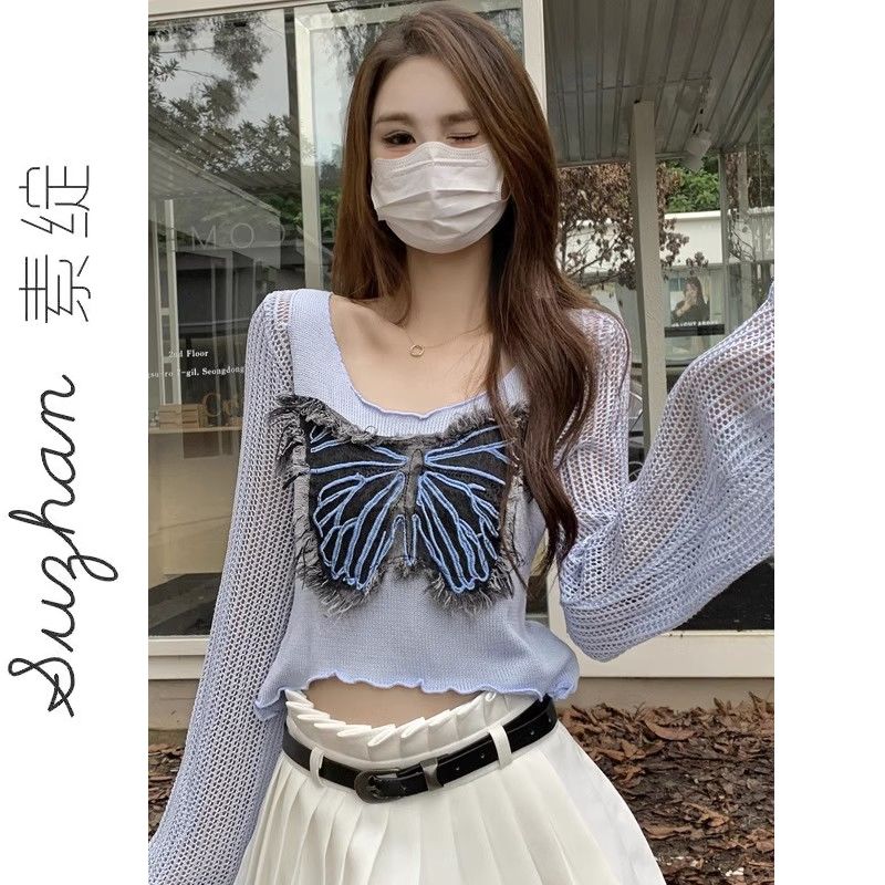 韓版新款純欲風軟妹子穿搭鏤空針織衫上衣女秋季顯瘦短款別致長袖