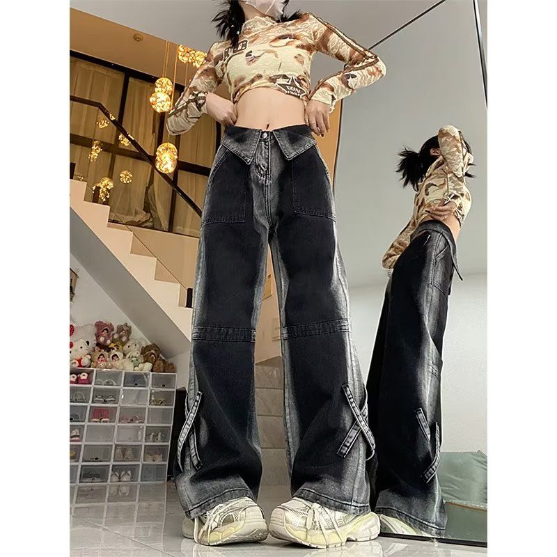大碼胖妹妹美式vibe翻領撞色牛仔褲女高街多巴胺穿搭直筒闊腿長褲