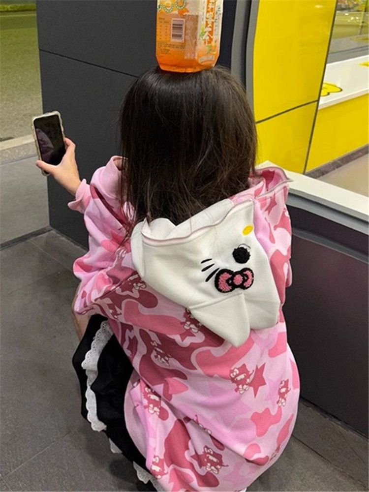 hiphop國潮牌貓咪粉色加絨加厚衛衣女寬鬆外套連帽oversize開衫潮
