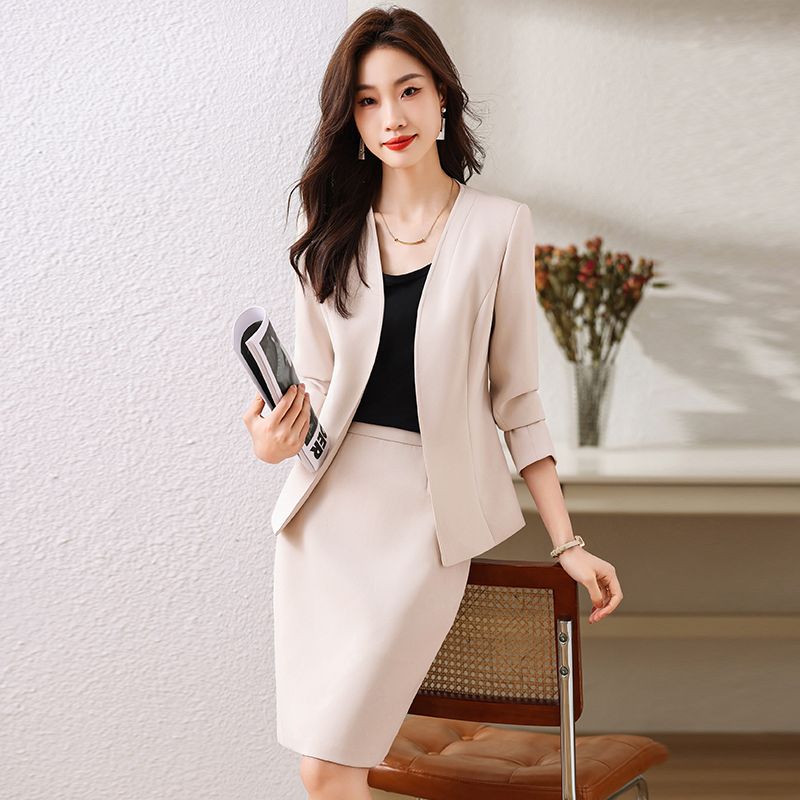 High-end apricot suit jacket for women 2023 new autumn temperament and high-end sense two-piece suit skirt beauty salon work clothes