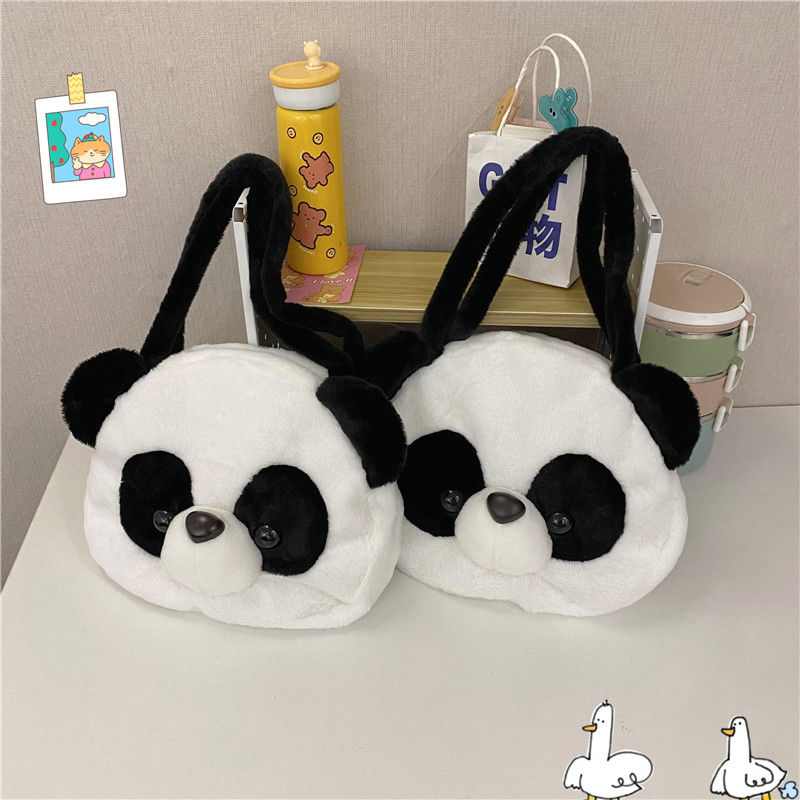 可爱卡通熊猫包包手提包大容量单肩包毛绒少女包日系冬季新款