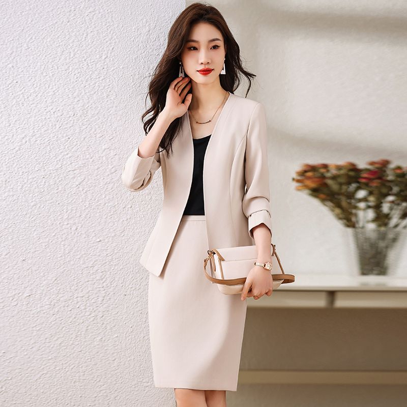 High-end apricot suit jacket for women 2023 new autumn temperament and high-end sense two-piece suit skirt beauty salon work clothes