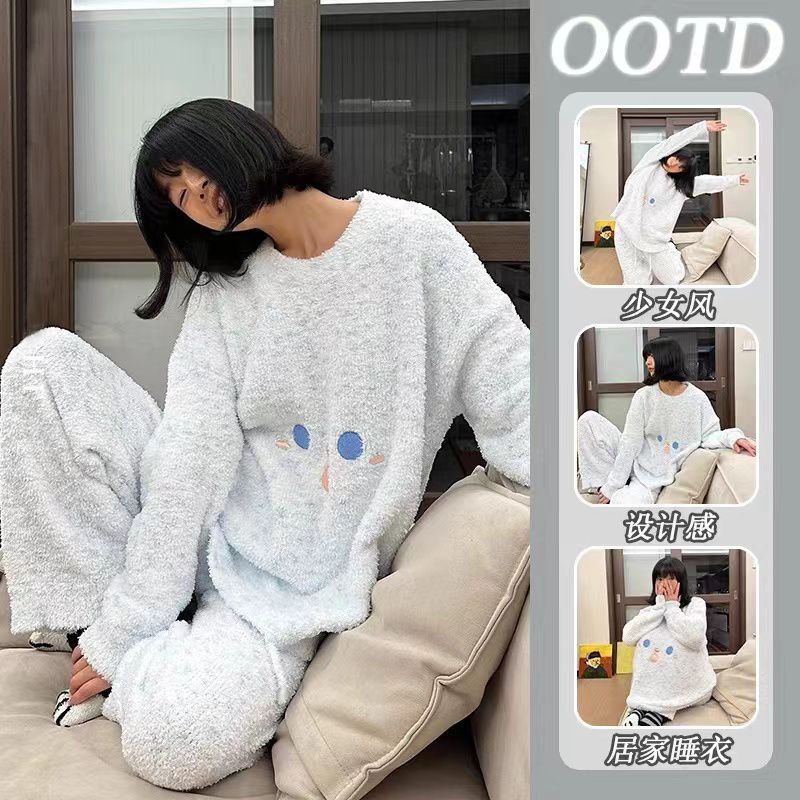 珊瑚絨睡衣女秋冬季加厚半邊絨保暖ins風軟綿綿可外穿家居服套裝