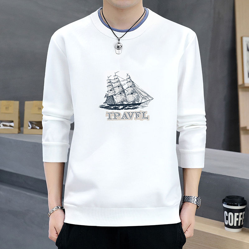 Velvet/non-velvet men's round neck pullover sweatshirt men's printed long-sleeved T-shirt bottoming shirt tops sweatshirt for men