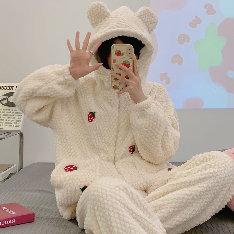 高級感冬季新款連帽草莓睡衣加厚簡約兩件套珊瑚絨可外穿家居服