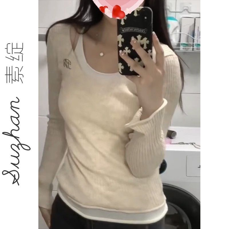 秋季長袖掛脖修身百搭撞色刺繡設計感上衣女拼接假兩件針織衫外穿