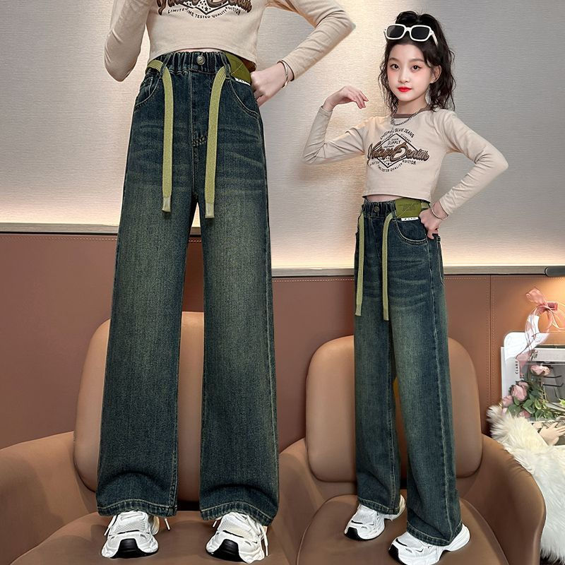 女童牛仔褲春秋外穿休閒時髦直筒寬鬆洋氣闊腿褲大童秋天兒童褲子
