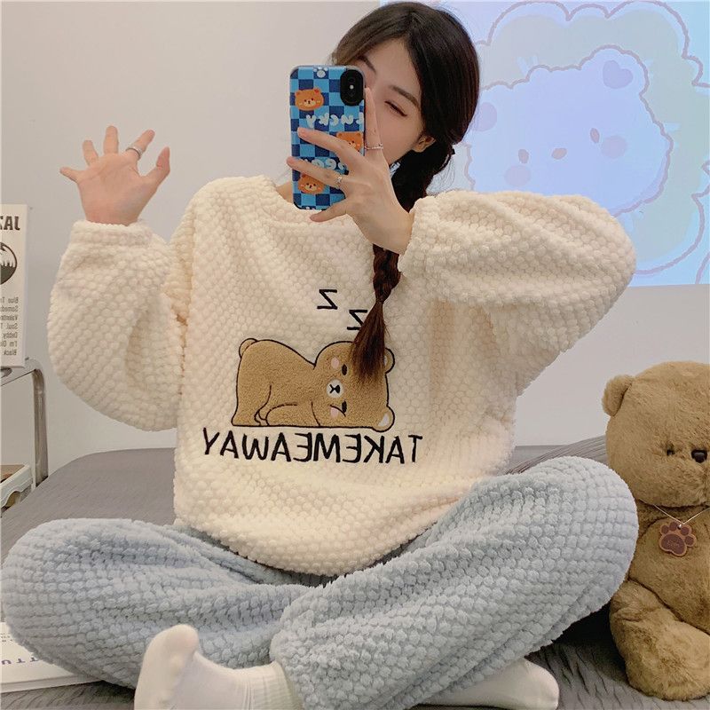 2023年新款可愛卡通珊瑚絨睡衣女秋冬季法蘭絨加絨加厚家居服套裝