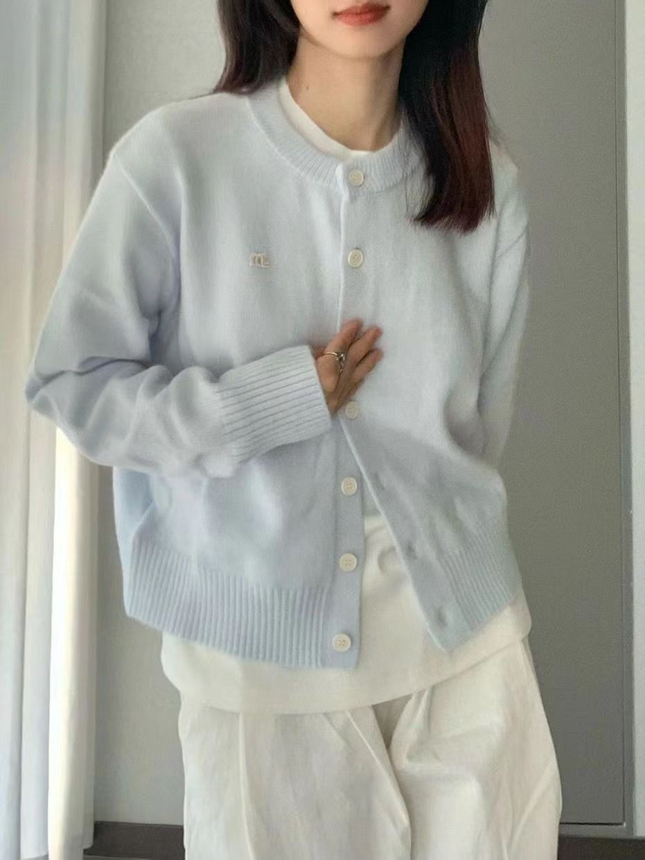 韓系慵懶風淺藍色針織開衫外穿女2023秋季新款百搭顯瘦長袖外套潮