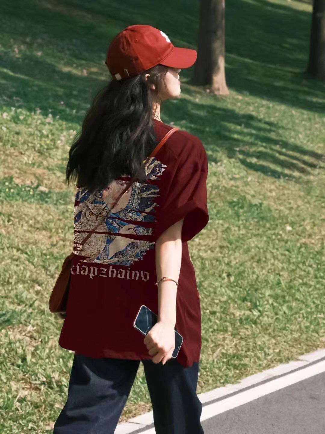 100%純棉短袖港風酒紅色t恤女夏季新款寬鬆字母設計感百搭上衣潮