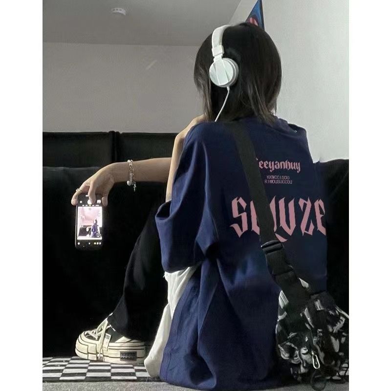 100%純棉短袖t恤女夏季新款字母印花設計感小眾學生寬鬆上衣潮ins