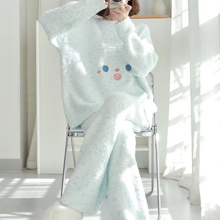 半邊絨睡衣女秋冬季加絨加厚冬天笑臉甜美珊瑚絨家居服套裝可外穿
