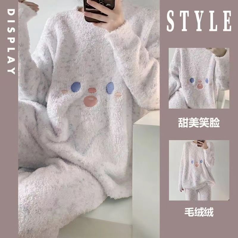珊瑚絨睡衣女冬季2023年新款甜美笑臉半邊絨加厚可外穿家居服套裝