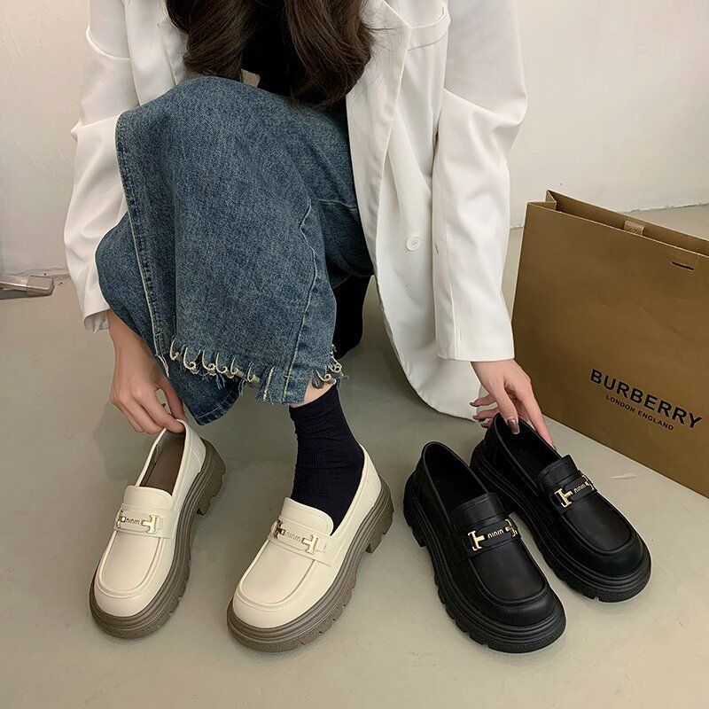 Work shoes for women, black, long-term standing, not tired, work shoes, one-legged loafers, thick-soled jk British style small leather shoes