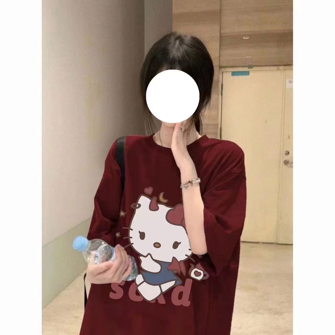 100%純棉酒紅色美式復古短袖t恤女學生夏季潮牌oversize寬鬆上衣