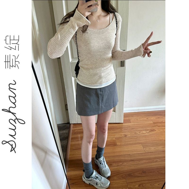 秋季杏色拼接假兩件上衣女法式薄款氣質死神顯瘦打底針織衫長袖潮