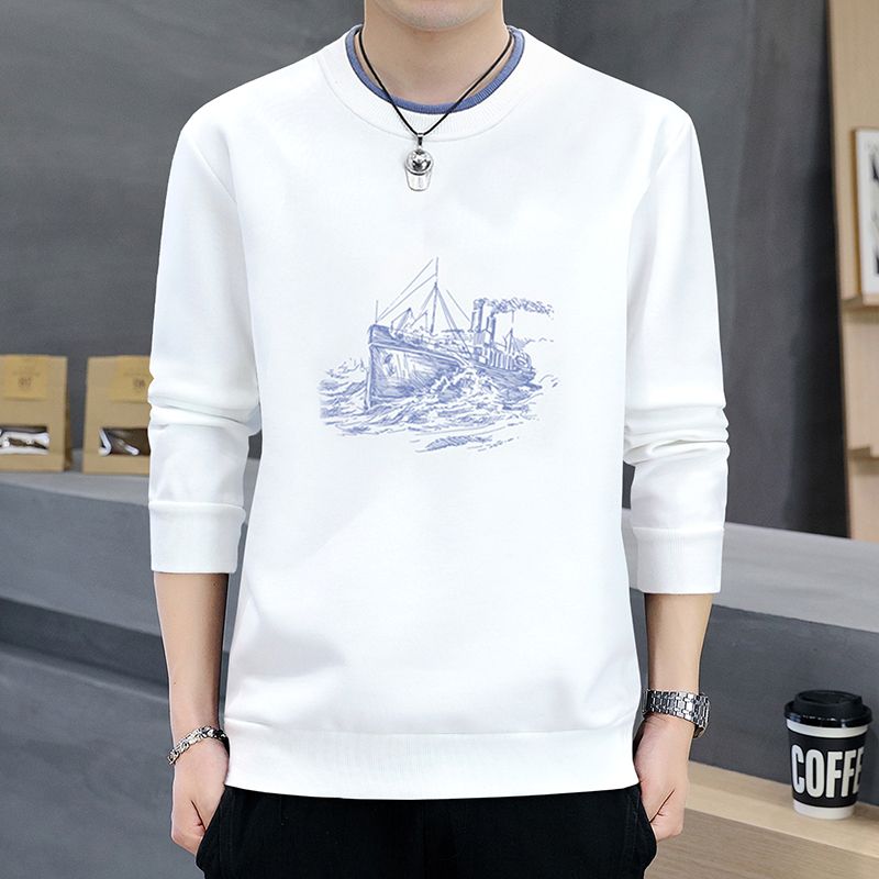[Fleece/Non-Fleece] Men's round neck pullover sweatshirt men's printed long-sleeved T-shirt bottoming shirt for men