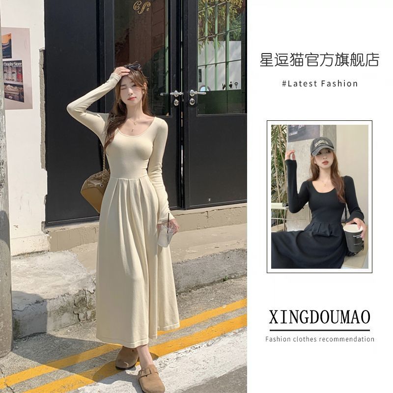 Dress women's 2023 autumn and winter new style French style long-sleeved slimming Korean style bottoming A-line knitted mid-length skirt
