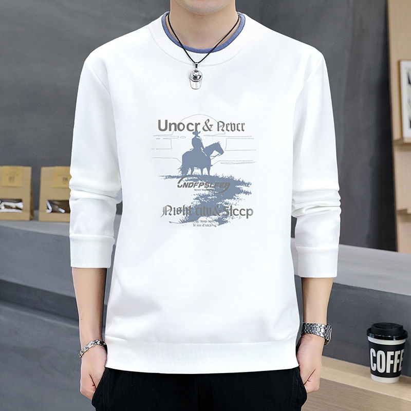 [With fleece/without fleece] Autumn and winter men's round neck sweatshirt men's printed long-sleeved T-shirt bottoming shirt for men