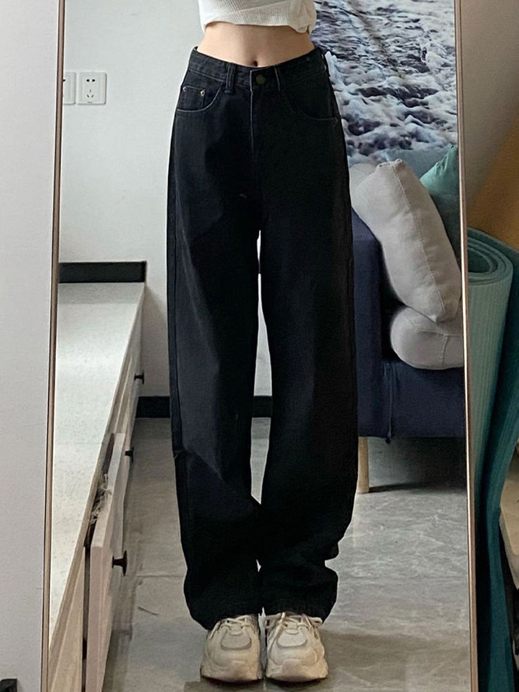 黑色直筒牛仔褲女秋季新款高街vibe高腰寬鬆闊腿顯瘦百搭拖地褲子