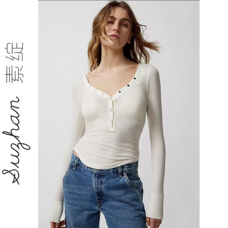 韓系設計感簡約白色紐扣收腰V領紐扣上衣t恤女初秋氣質百搭長袖潮