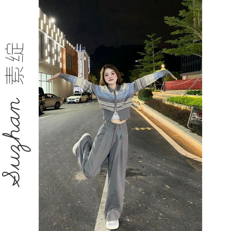 秋冬新款辣妹條紋撞色polo領雙拉鏈長袖上衣女韓系設計感百搭針織