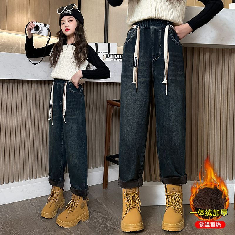女童加絨褲子秋冬款外穿一體絨時尚百搭網紅老爹褲兒童冬季牛仔褲