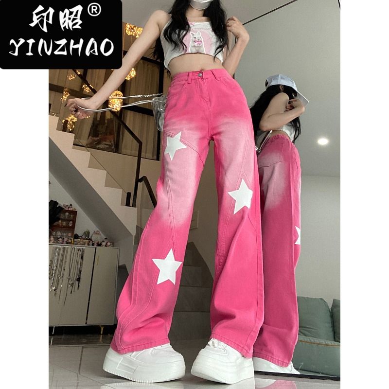 【印昭YINZHAO】美式復古多巴胺星星印花牛仔褲女粉色闊腿拖地褲