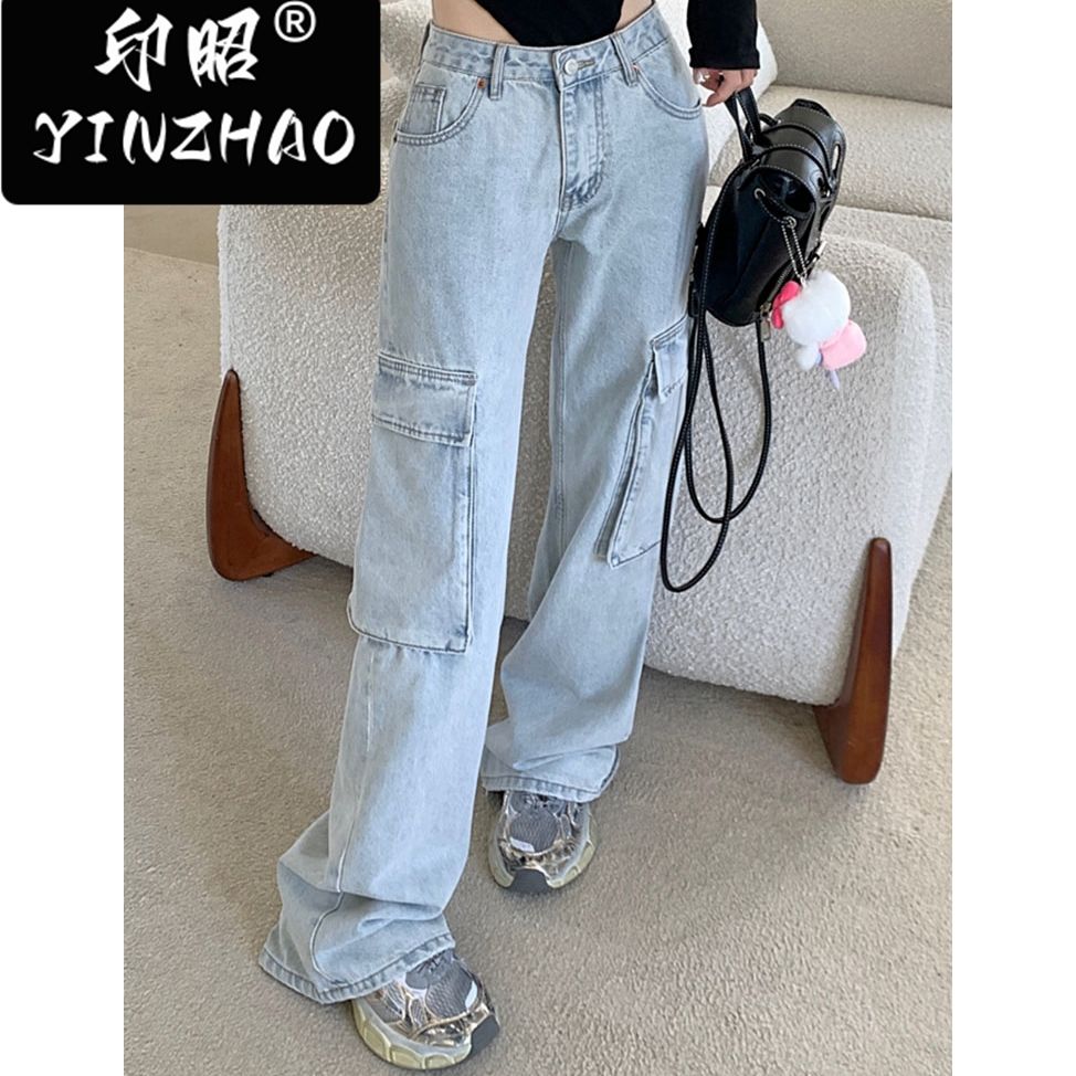 【印昭YINZHAO】美式高街寬鬆顯瘦做舊高腰闊腿褲復古直筒牛仔褲