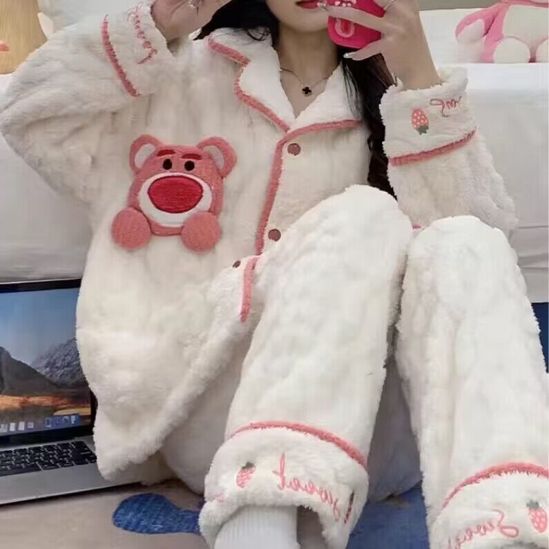 珊瑚絨睡衣女秋冬季加絨加厚2023年新款卡通可愛法蘭絨冬天家居服