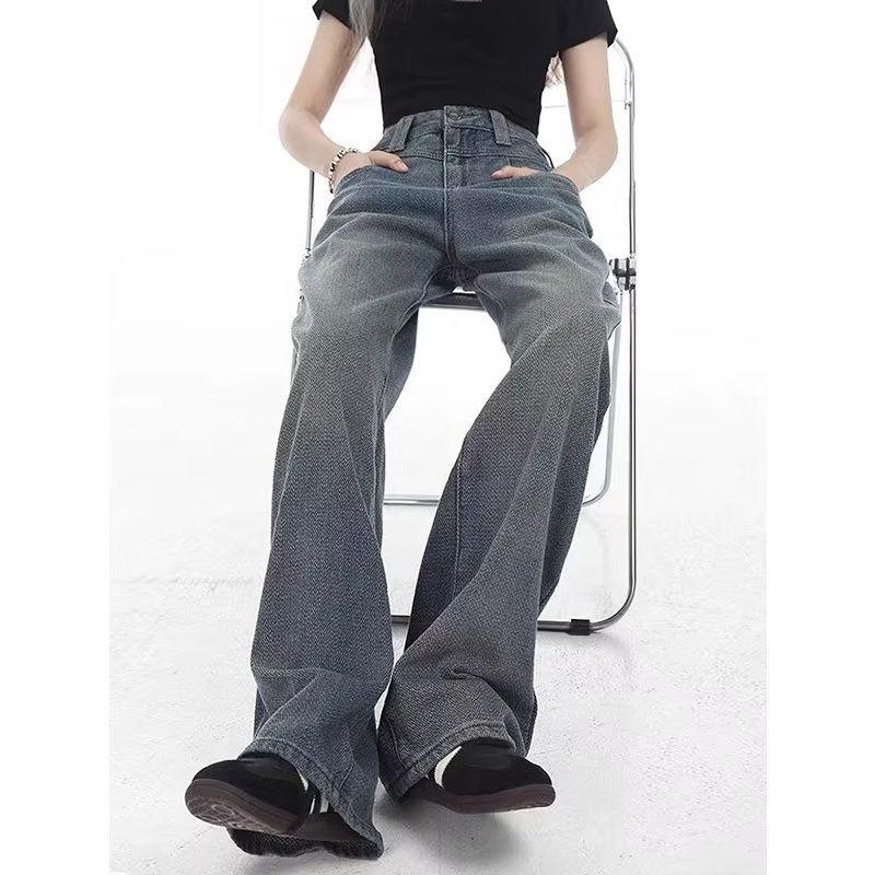大碼美式復古牛仔褲女春秋新款胖mm寬鬆顯瘦高腰直筒闊腿拖地褲子