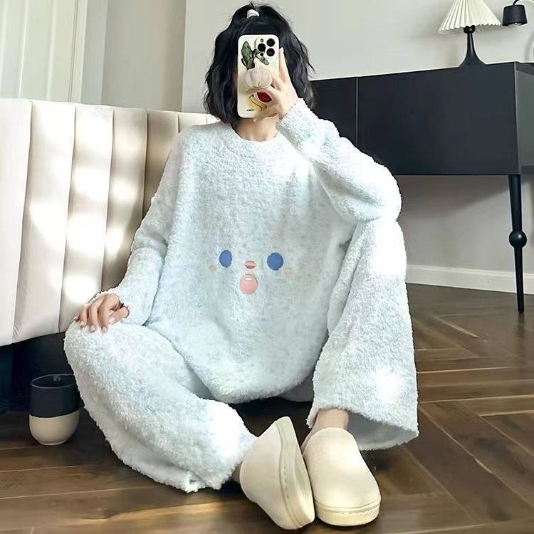 可愛少女睡衣2023年新款半邊絨小香風加厚珊瑚絨家居服套裝可外穿