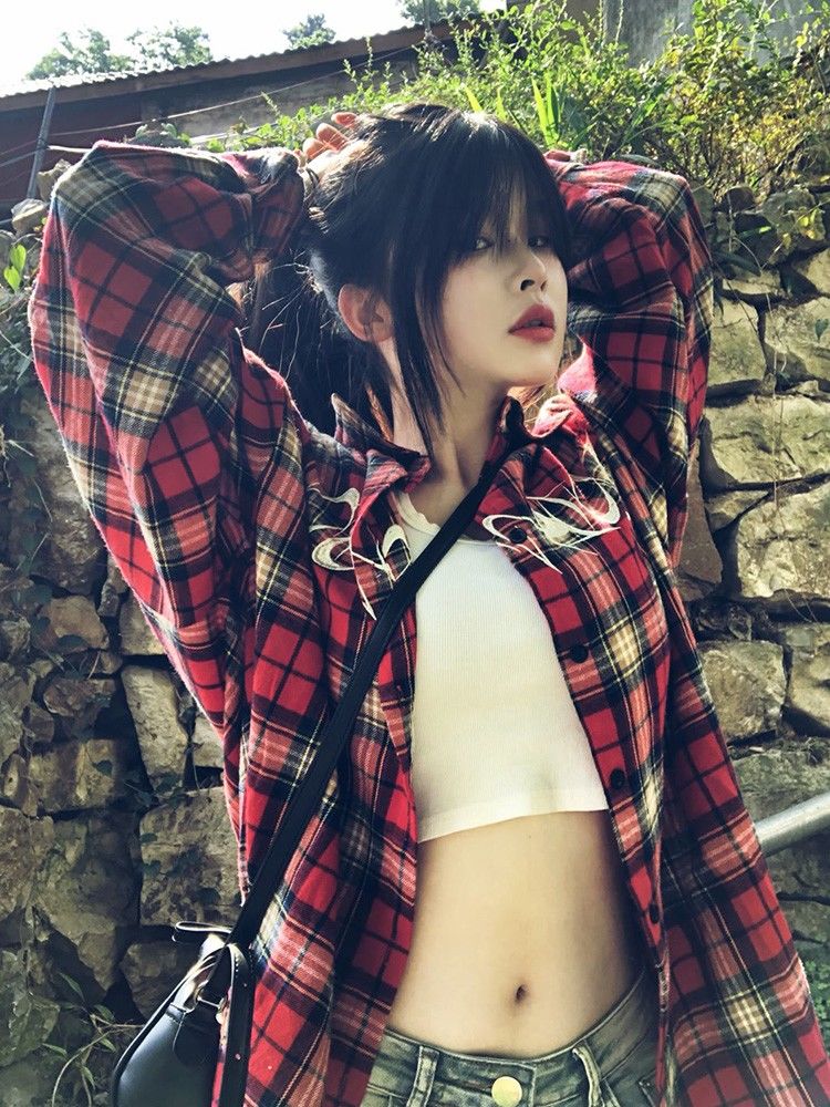 秋季女裝美式紅色格子襯衫女長袖寬鬆大碼胖mm疊穿上衣襯衣外套