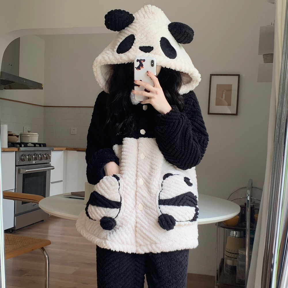 睡衣女款秋冬款珊瑚加絨加厚法蘭絨爆款冬天保暖熊貓可外穿家居服