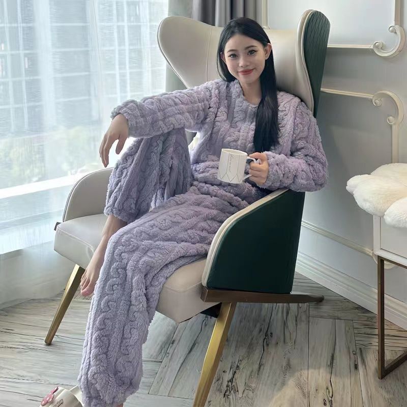 韓版珊瑚絨睡衣女秋冬季學生加厚加絨時尚長袖美拉德家居服套裝女