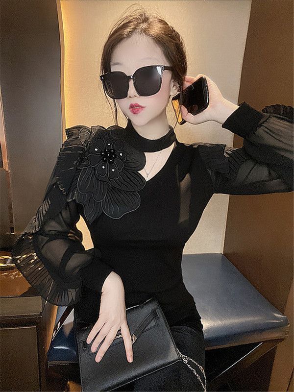 2023秋冬新款女荷葉邊立領打底衫長袖上衣女襯衫修身顯瘦洋氣小衫