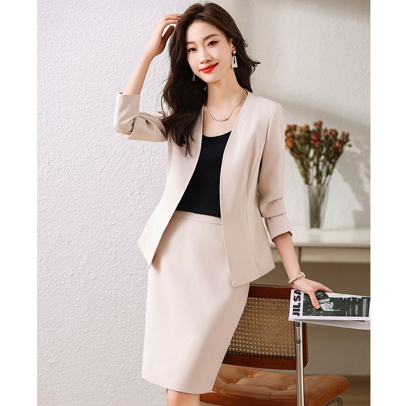 High-end apricot suit jacket for women  new autumn temperament and high-end sense two-piece suit skirt beauty salon work clothes