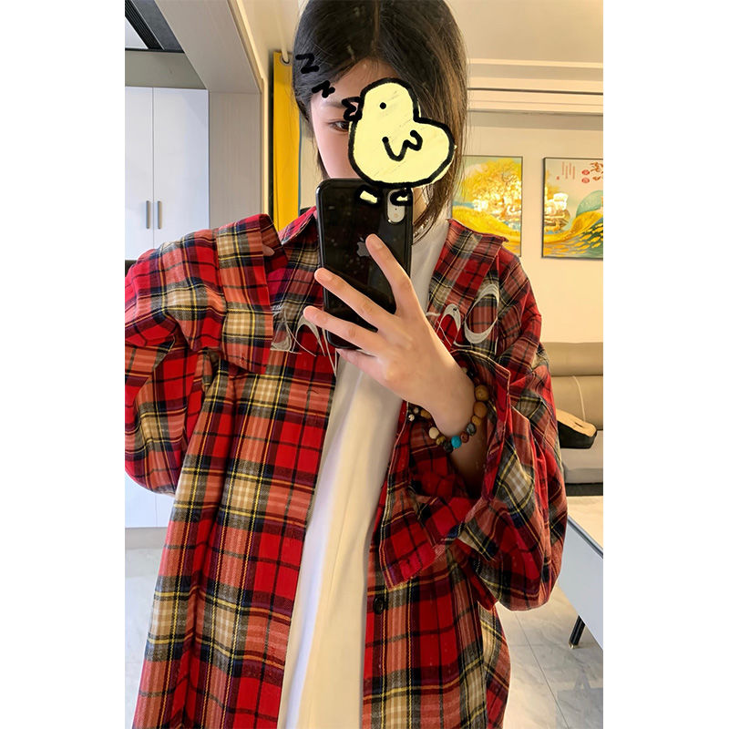 美式刺繡紅色格子襯衫女長袖寬鬆春秋高街設計感小眾疊穿襯衣外套