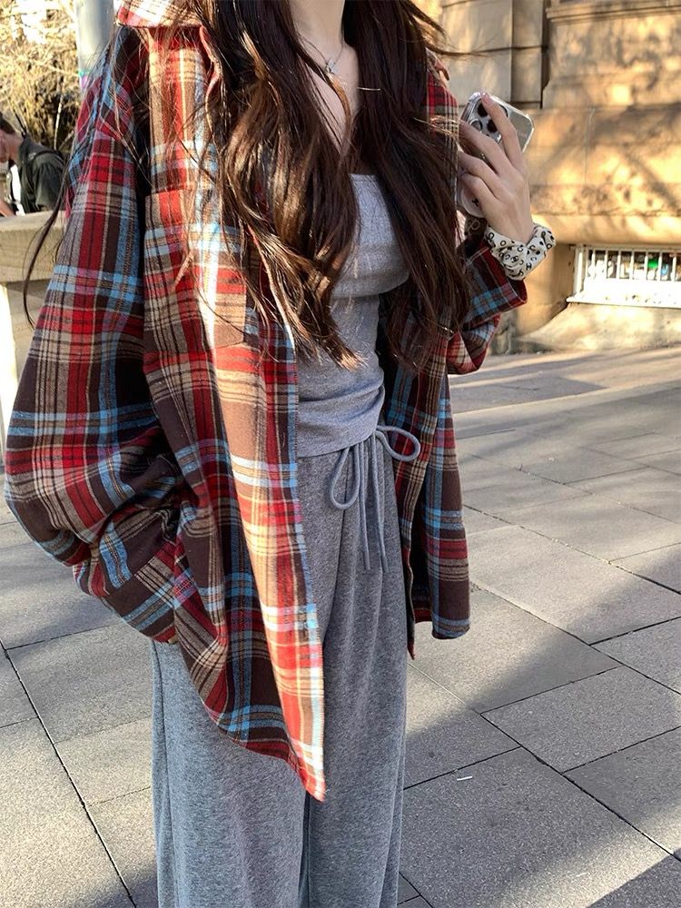 復古格紋長袖襯衫外套女2023新款早秋裝韓版時尚寬鬆學生外搭上衣