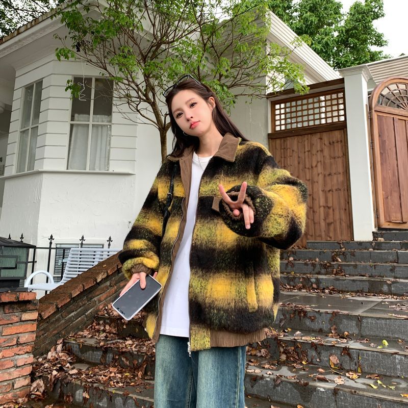 Double zipper plaid woolen  autumn and winter double-layered lining retro gradient jacket lapel loose jacket for men and women