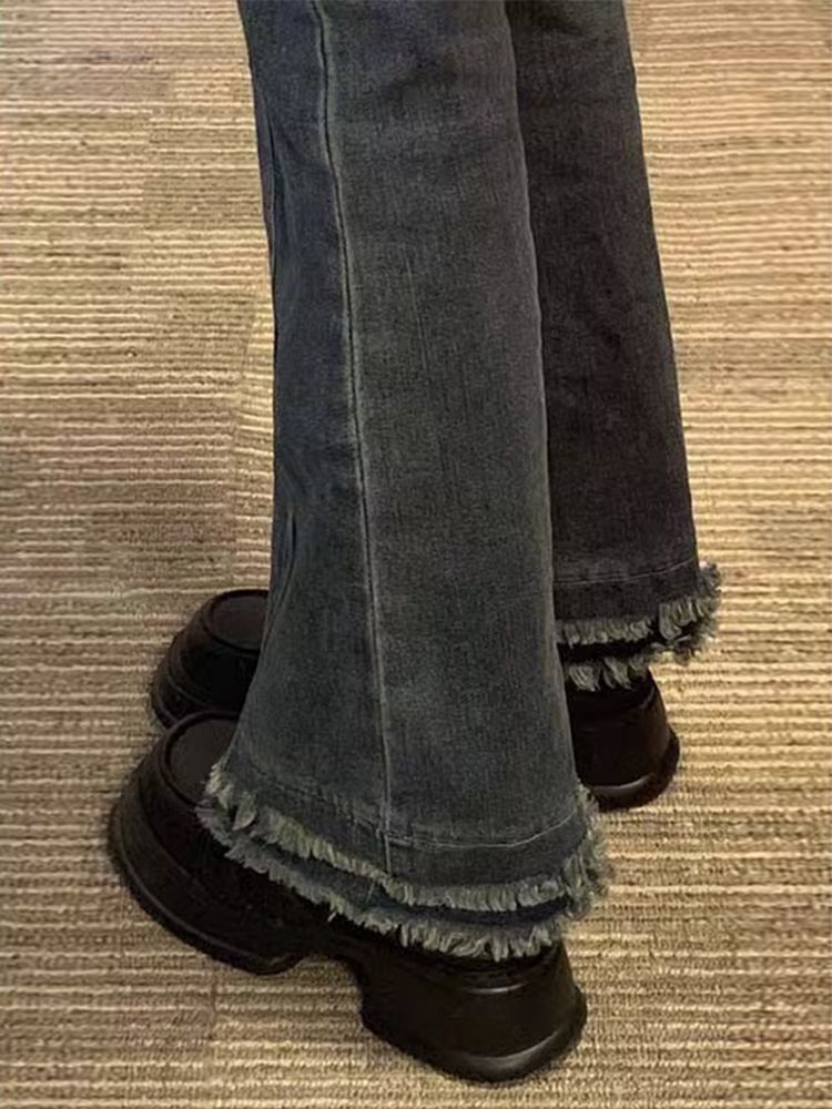 美式復古微喇牛仔褲女秋季新款設計感高腰毛邊直筒拖地喇叭褲子潮